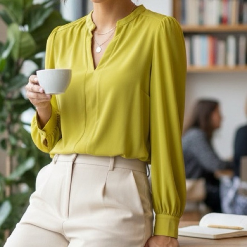 7 AVENUE Yellow Ruffled Long Sleeve Blouse with Mandarin Collar